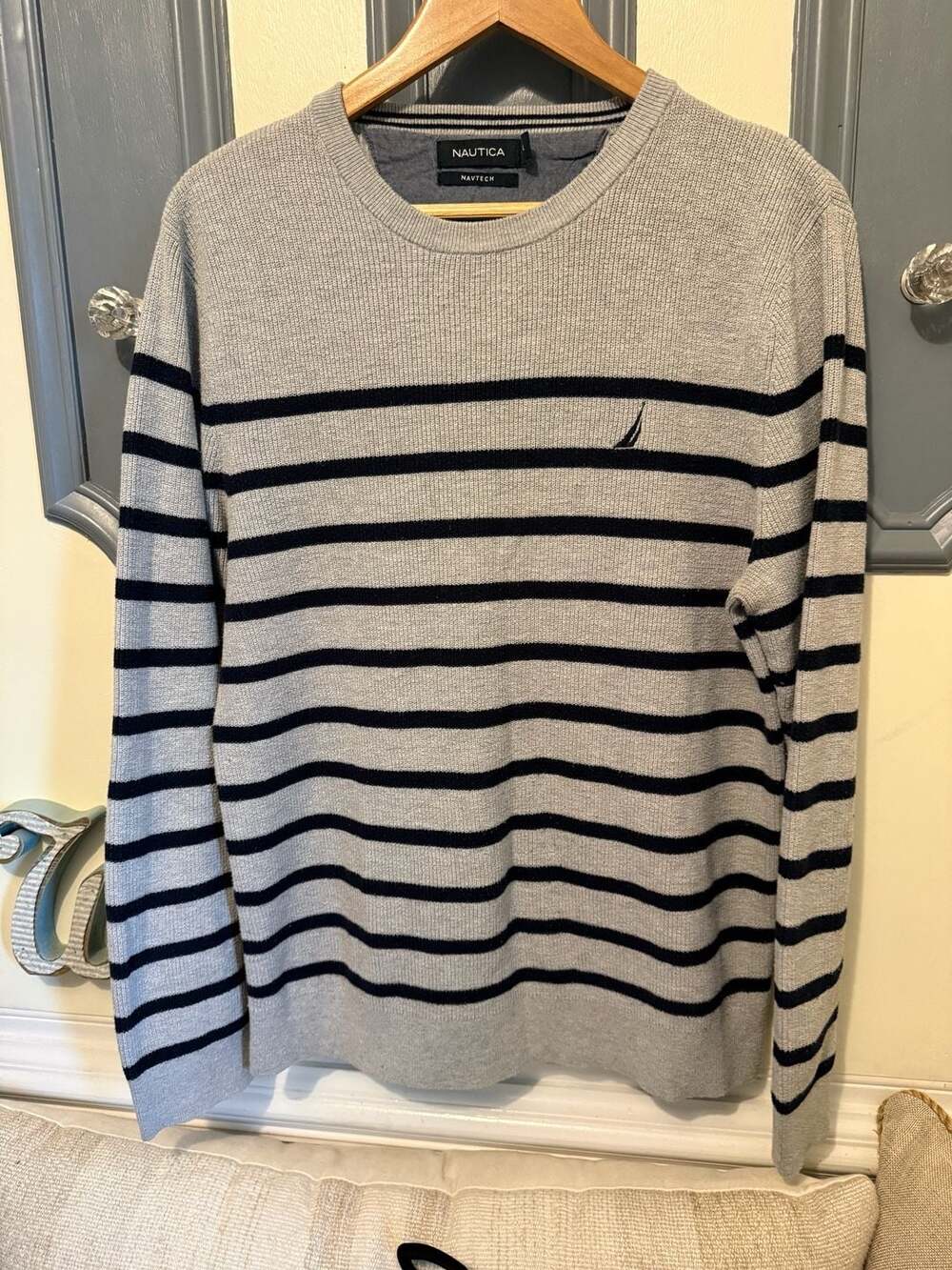 Nautica Navtech Men's Striped Crewneck Sweater Size L Gray Blue Pullover